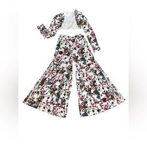 Two piece, white and pink pant suit, floral, small